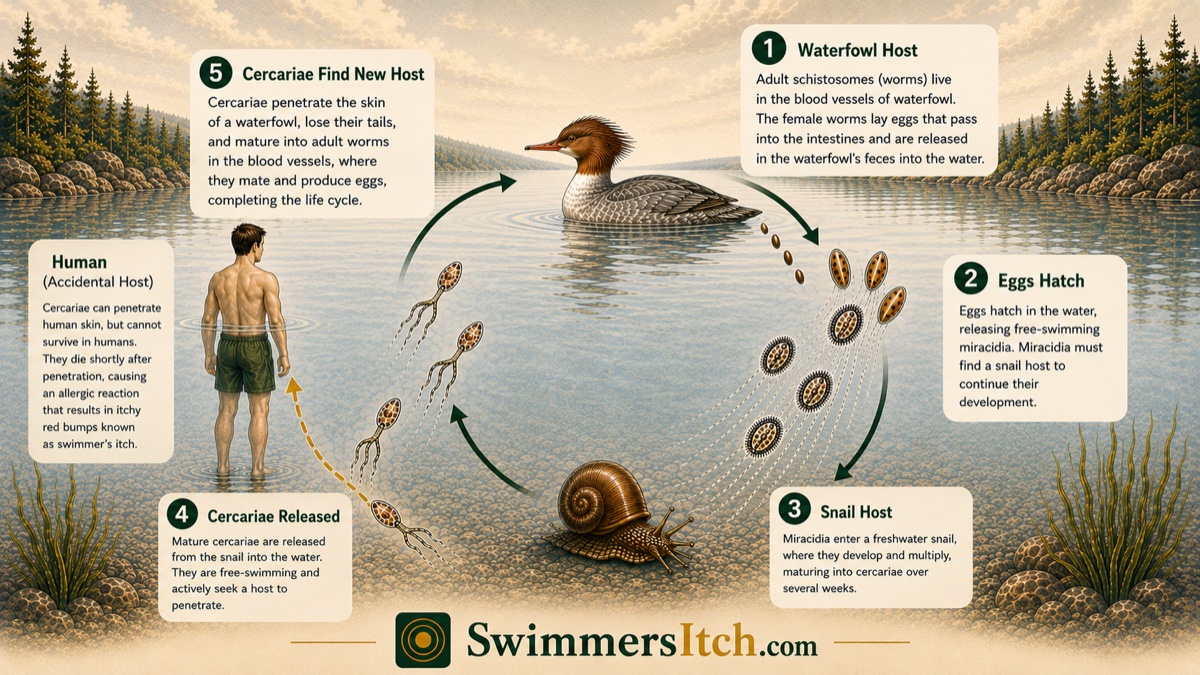 The swimmer's itch parasite lifecycle: waterfowl host sheds eggs, eggs hatch into miracidia, snails become infected and release cercariae, which can penetrate human skin causing an allergic rash.