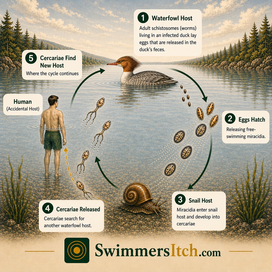 The Swimmer's Itch Life Cycle — adult schistosomes in waterfowl shed eggs that hatch into miracidia, which enter snails and develop into cercariae that are released into the water and can penetrate human skin.